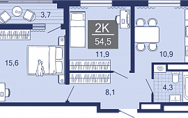 2-комн. квартира 54.5 м2 в ЖК "Дабл-Дабл"